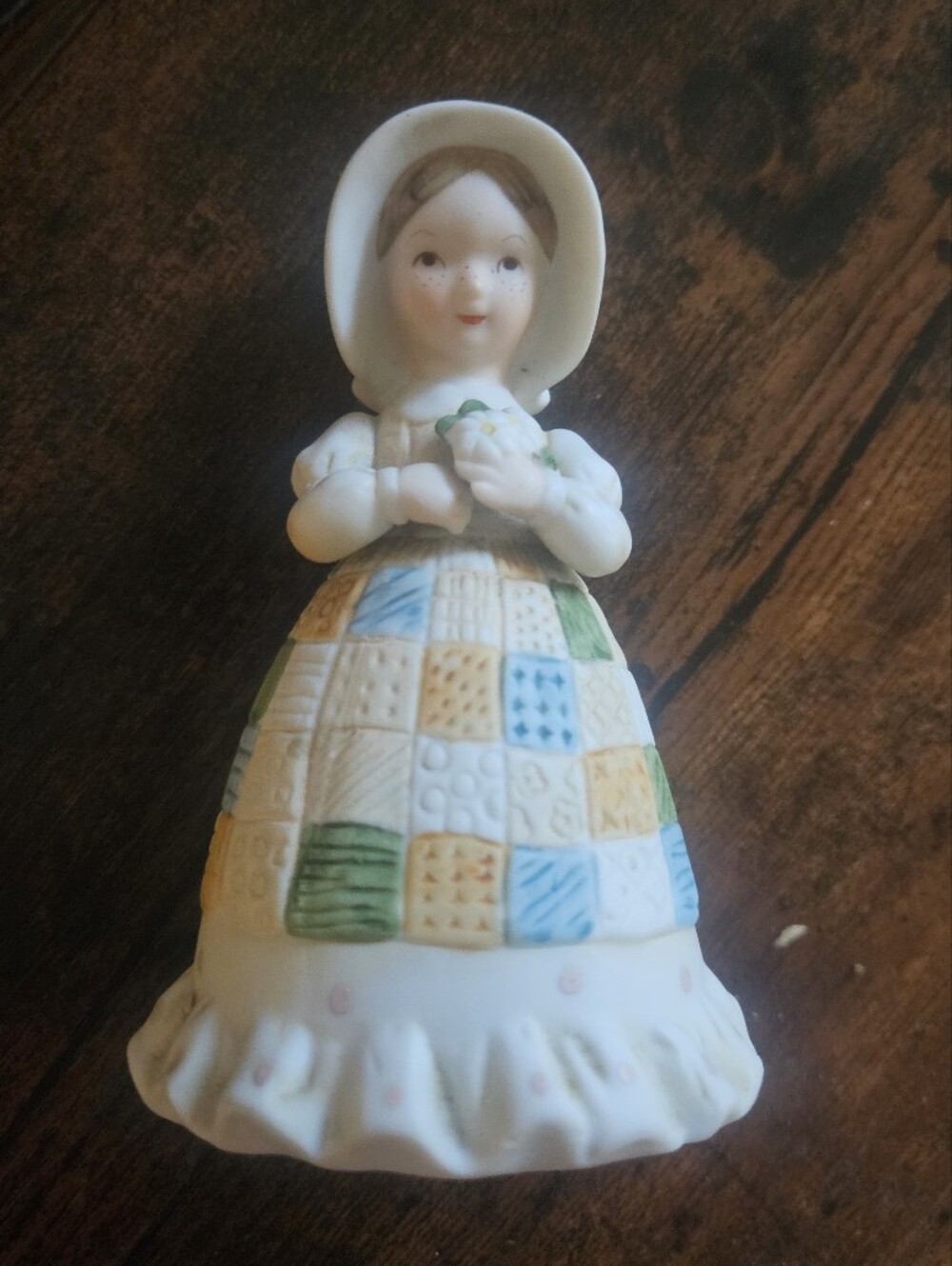 Vintage Holly Hobbie Ceramic Girl Figurine in White with Multicolor Quilt Skirt